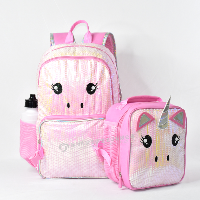 3D animal lovely sequins school bag children backpack with lunch bag
