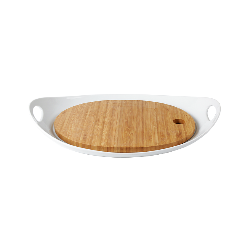 S/2 16" OVAL PLATE WITH BAMBOO, porcelain,durable,tableware,kitchenware, hotelware, plate， bamboo board, dinnerware