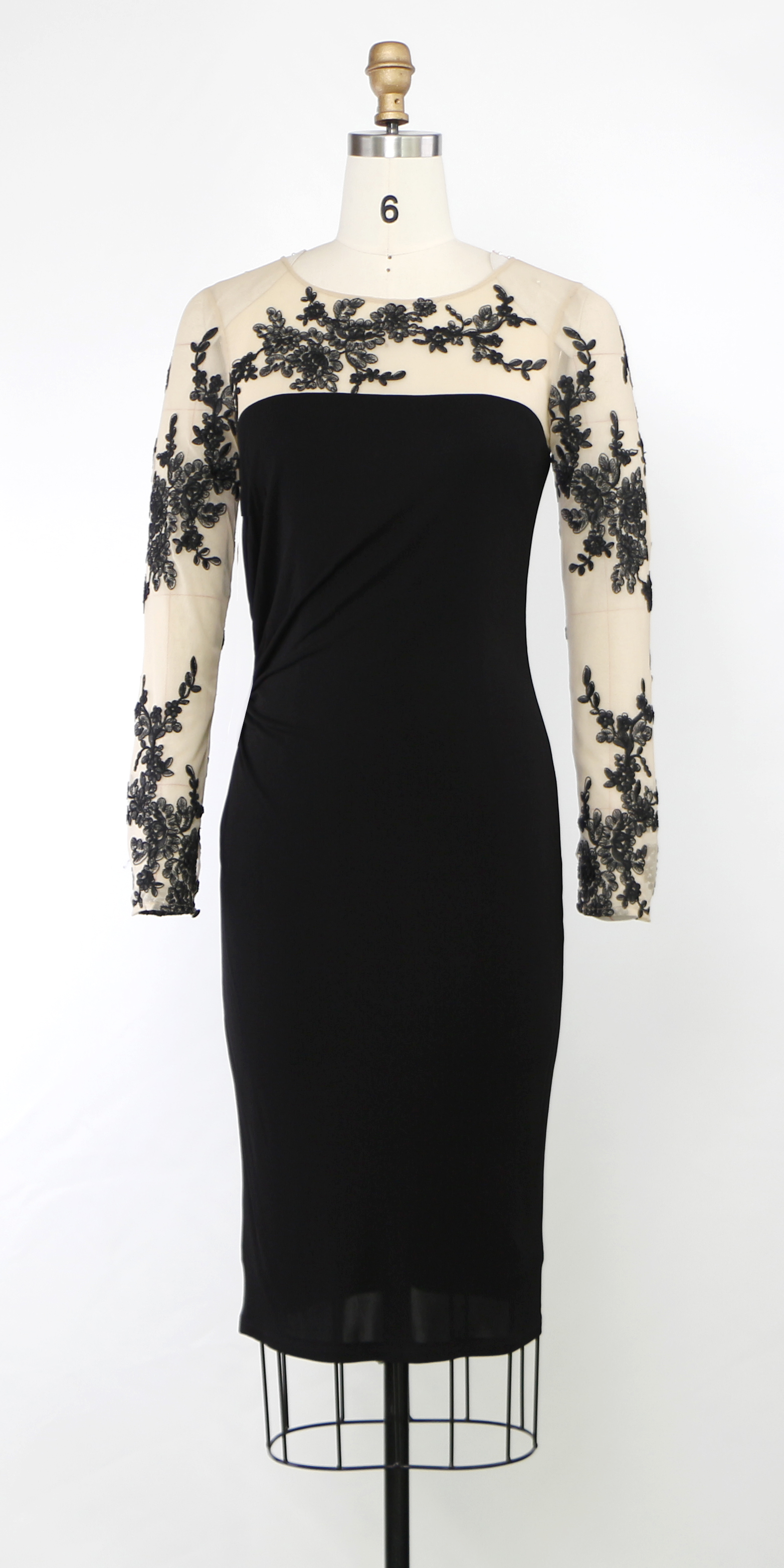 Women's Elegant Mesh Contrast embroidery Long Sleeve Bodycon Pencil Cocktail Dress with Keyhole Back
