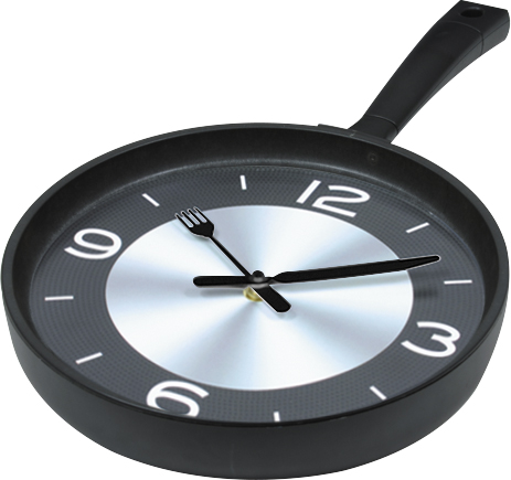 Wall clock; quartz clock; best sale; Kitchen clock; frying Pan; gift; creative clock; print aluminium dial; 10inch；25cm