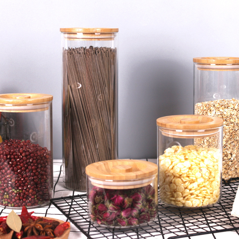High borosilicate glass jar with bamboo grip lid glass sugar jar airtight glass storage jar