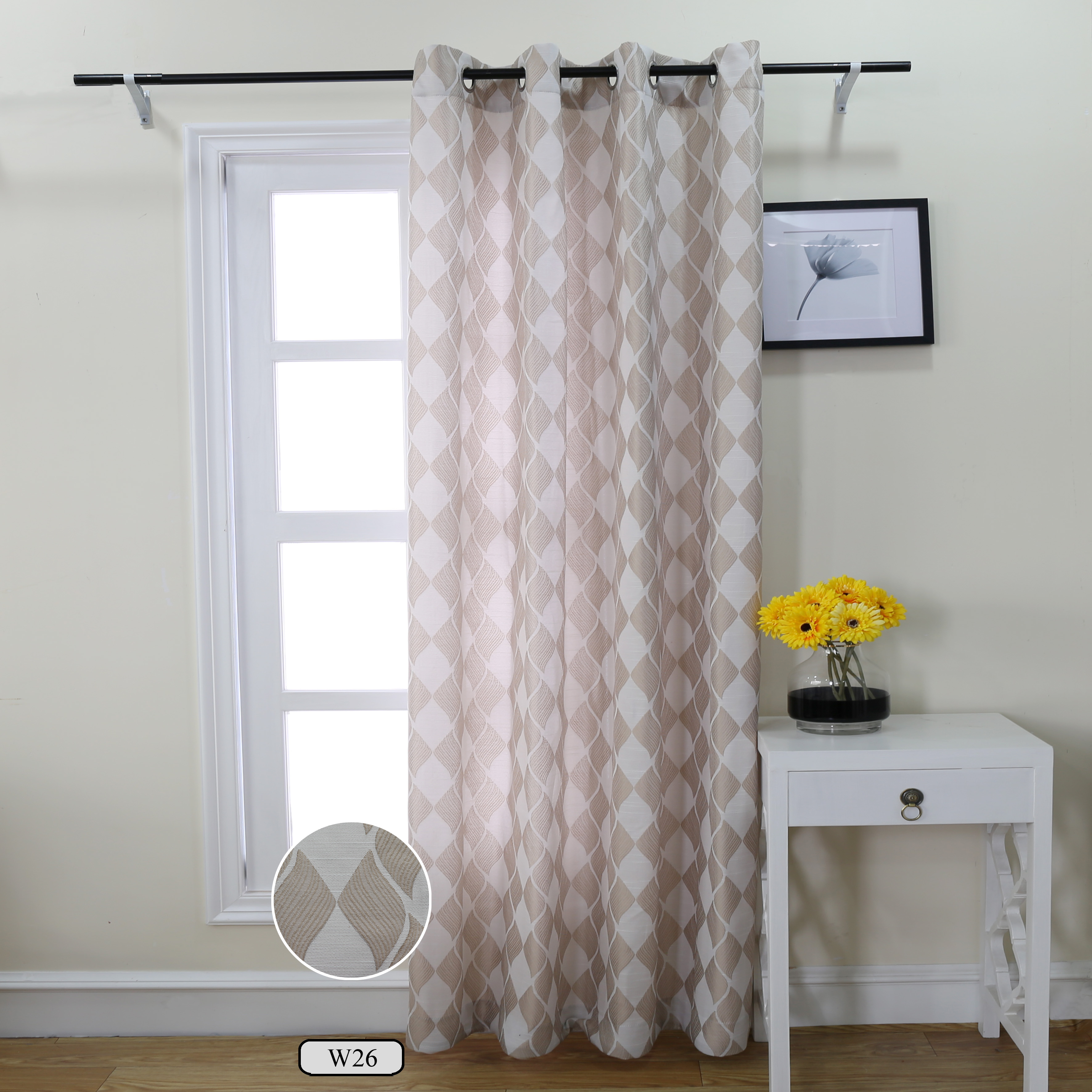 Decorative window curtain/panel/drape,yarn-dyed jacquard,polyester,grommet/eyelet/rings up,loops top,rod pocket,tab top,with tape,lined,anti microbial ,air purifying,