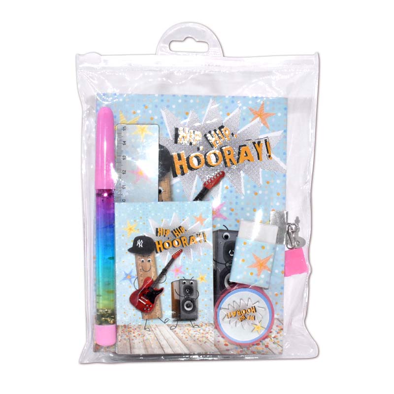 Padlock diary set with mini pad, and one ball pen, one eraser, one shaprpener and one ruler