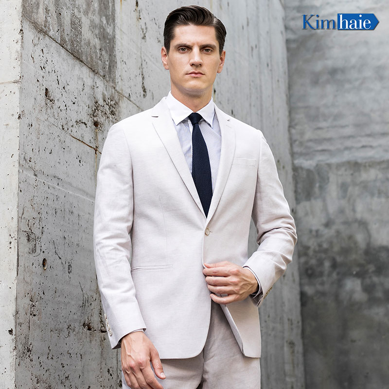 Mens natural linen touch single Breasted 1 button notch lapel side vent summer suit
