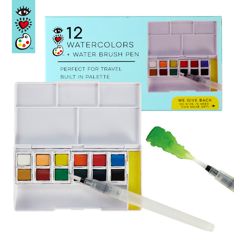 12 watercolor set in Half Pans with Water Brush Pen