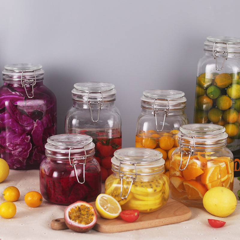 Lead-free Clear Kitchen glass storage jar Food Storage Airtight Lock Lid Jar with metal clip