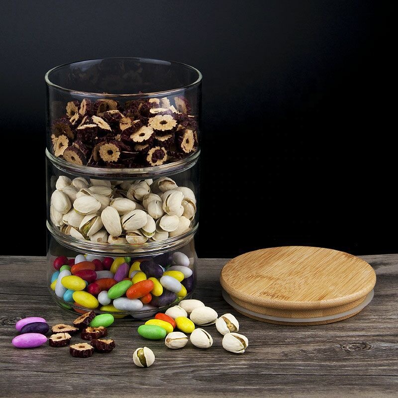 MC7006-2 Stackable bamboo wood seal lid glass storage jar with wooden lid