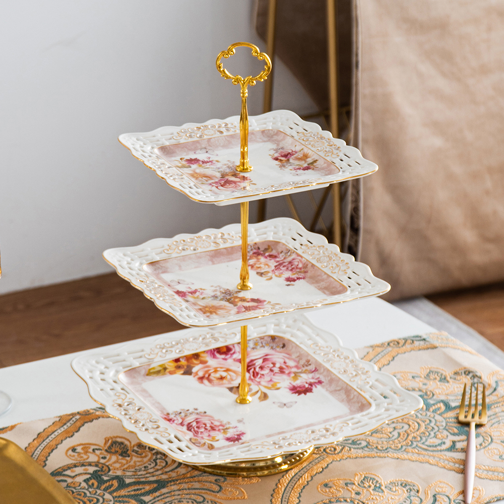 Restaurant used 3 layers desert plates custom pattern ceramic cake stand