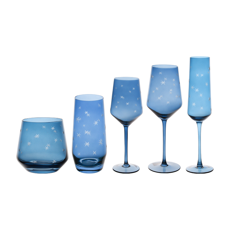 Blue color wine glass with engraved design
