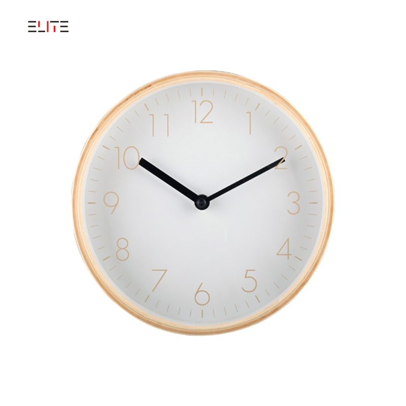 Plywood wall clock with silk-screen hour marking on glass lens