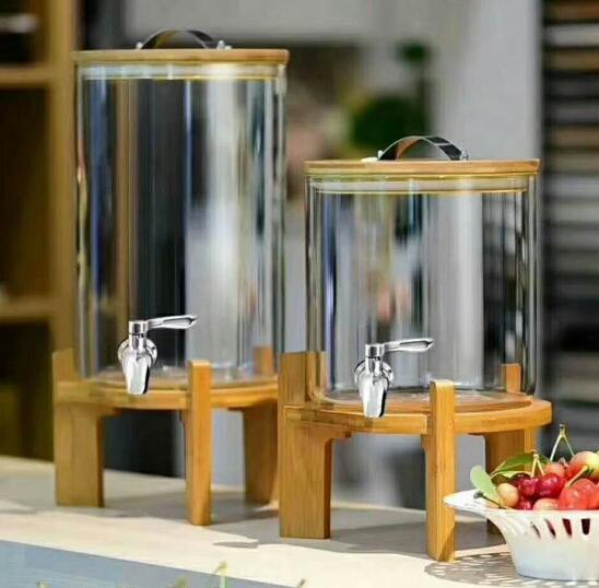 3-10LWholesale Cylinder Drink Glass Dispenser for Water & Fermentation with Tap & Wooden Base