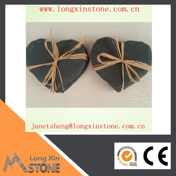Chinese natural heart shape black slate coaster rough edge with eva feet
