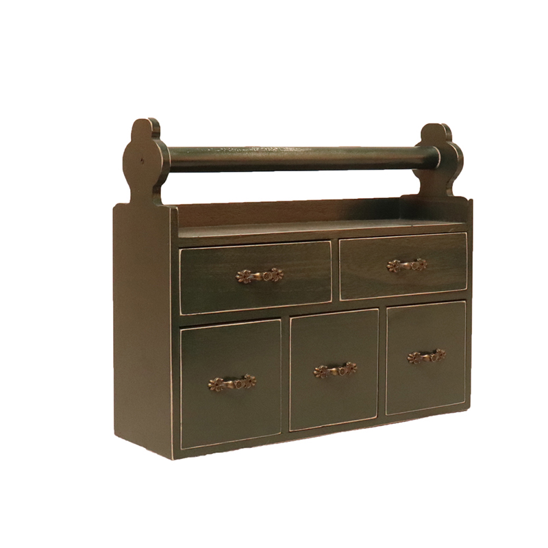 Dark green wooden storage box with drawers and handle, portable desktop cabinet organizer