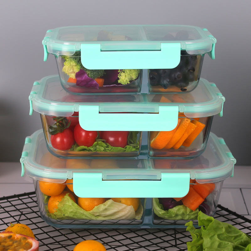 Oven safe 2 compartment glass lunch box glass food container with lock lid
