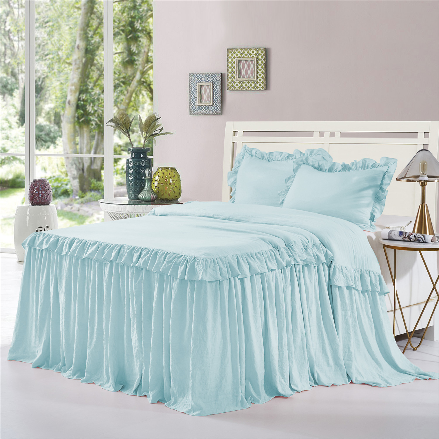 Ruffle Lace Edge Skirt 3pcs Bedspread Set