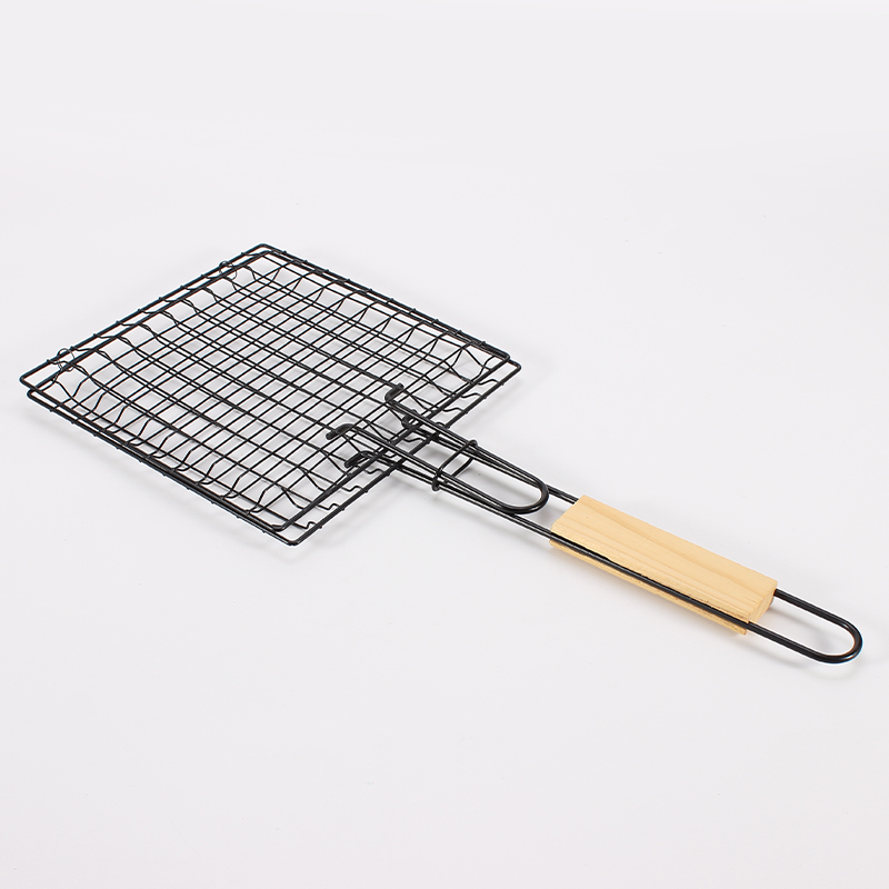 New design non-stick coating BBQ grill basket with wood handle
