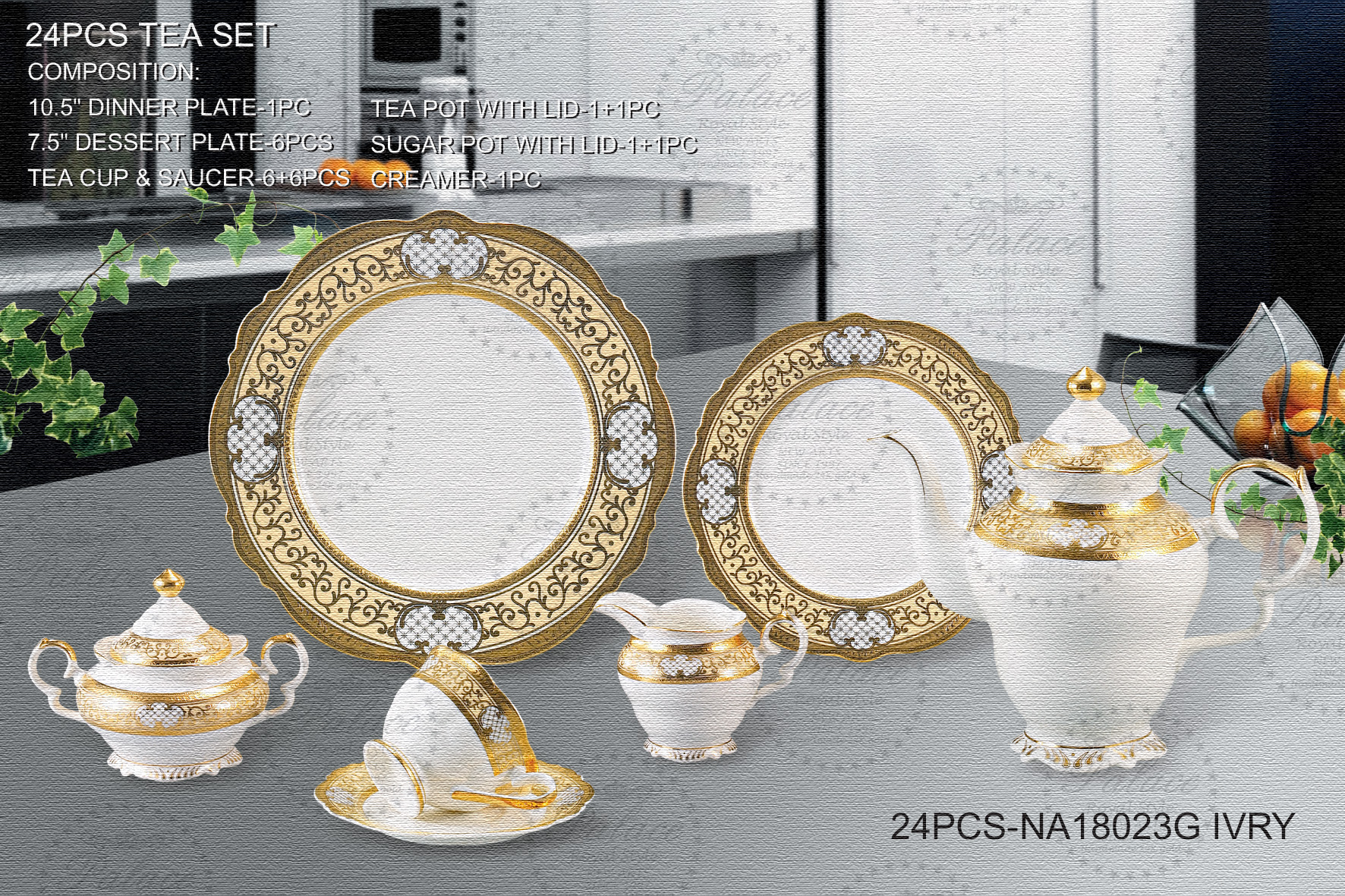 Embossed Gold New Bone China 24pcs Tea Set