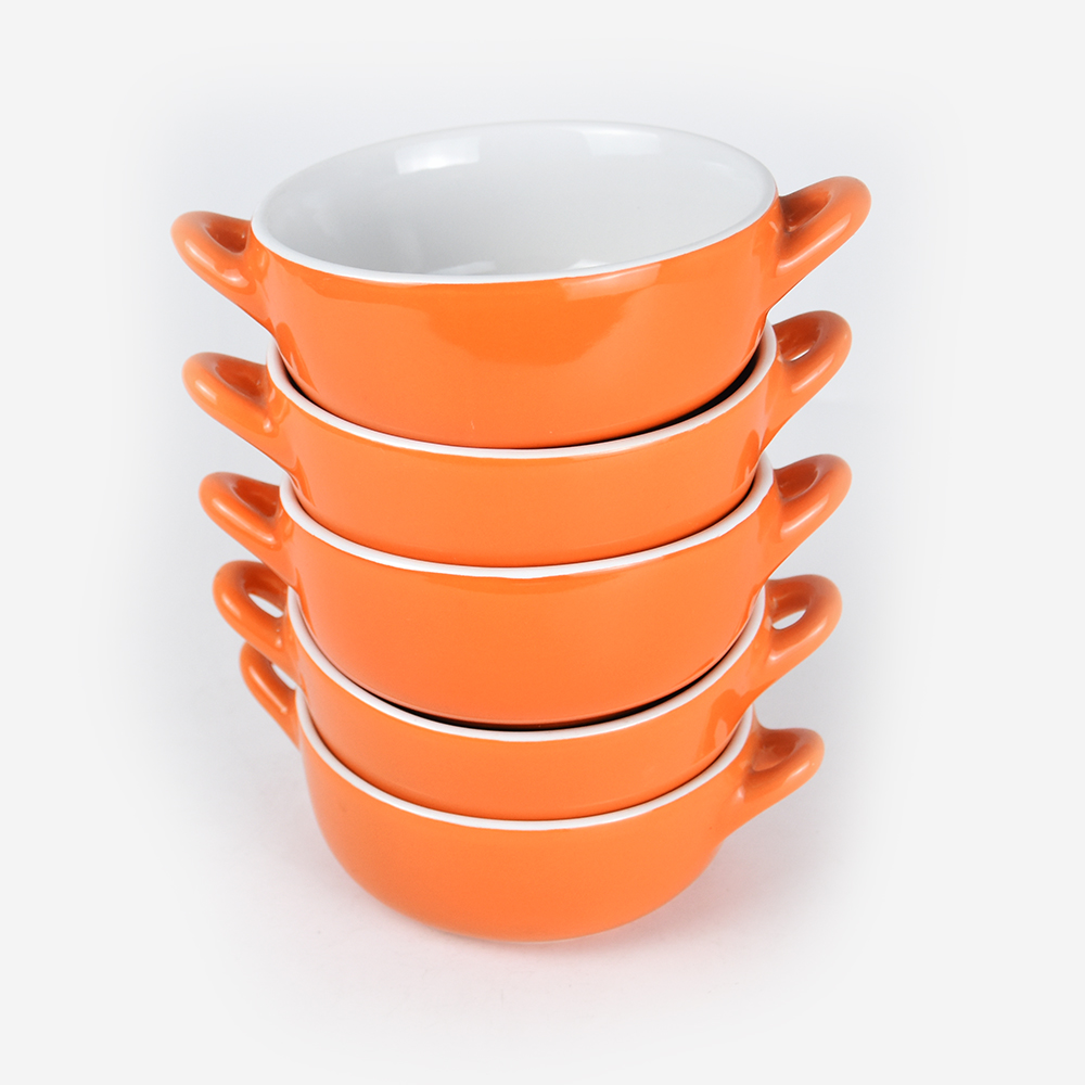 5pcs 5'' ceramic 2-tone glaze stackable bowl set with 2 handles