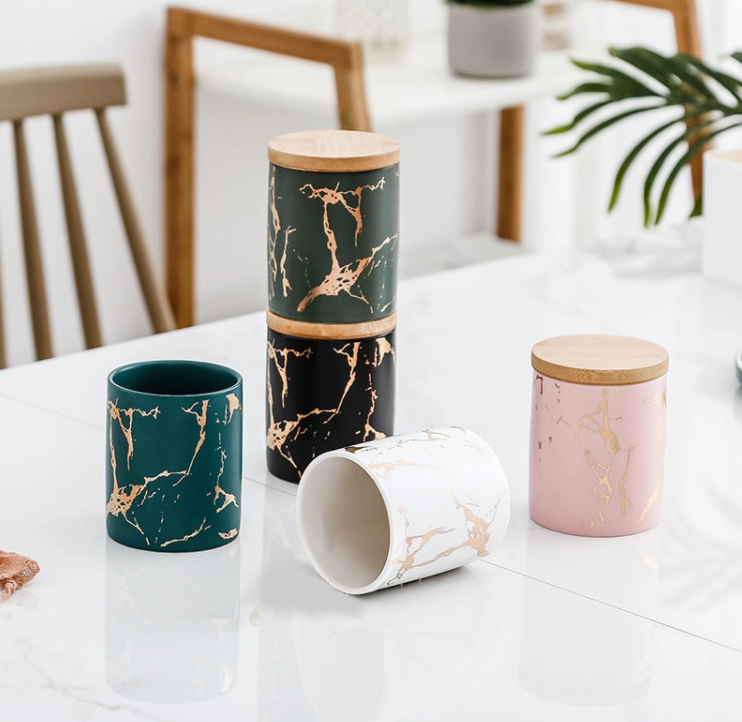 luxury gold scented soy wholesale black white pink green marbling marble ceramic candle cups vessels holders jar with wooden lid