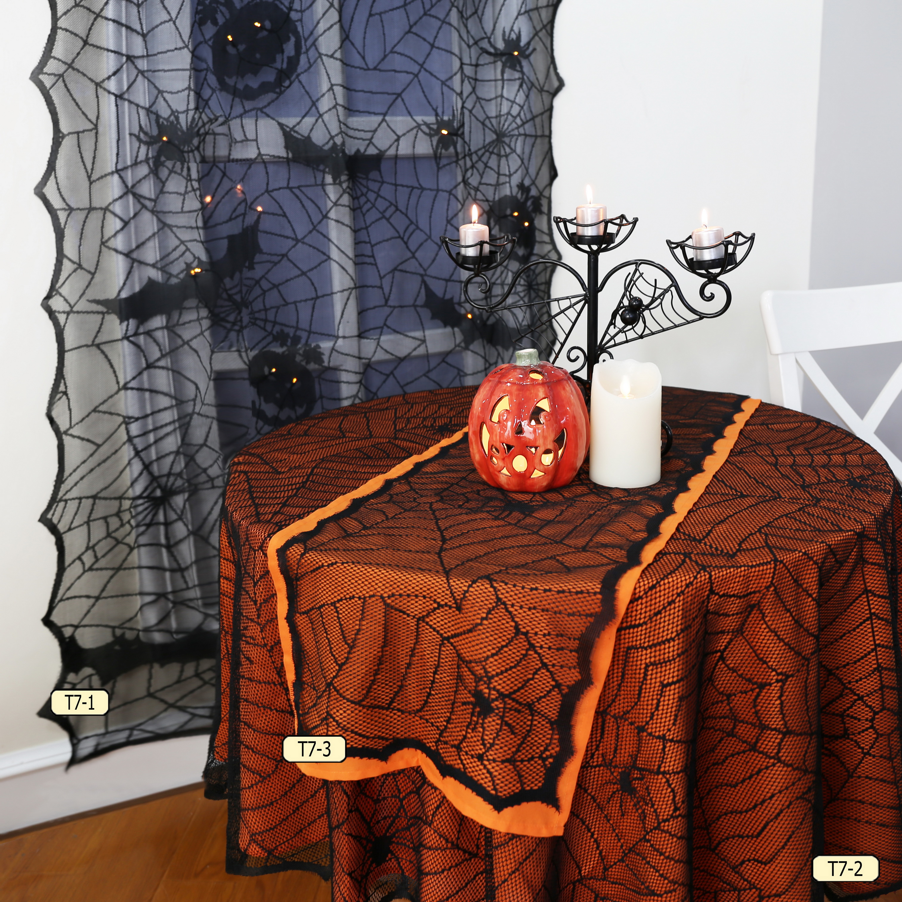 Halloween lace LED window curtain ,panel,spiderweb design,halloween party decoration,it have Wrinkle Free and easy to hang , rod pocket polyester window ，it is perfect for kitchen and dinning room