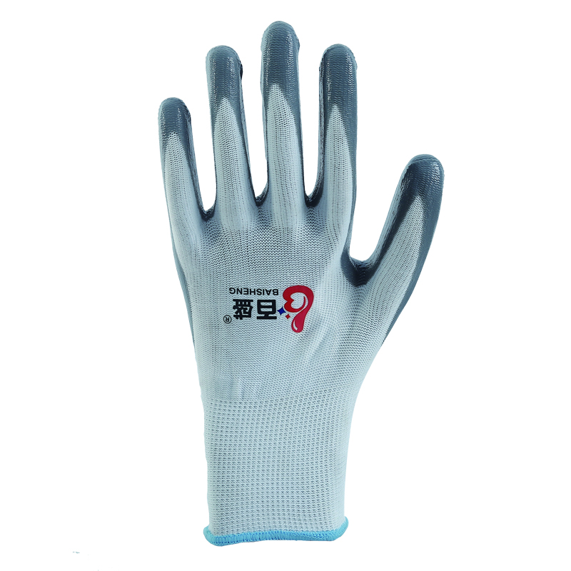 13 gauge white polyester liner with grey nitrile palm coating glove