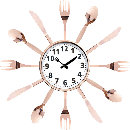 Wall clock; quartz clock; best sale; Kitchen clock; rose gold; knife and fork and spoon; gift; simple round clock; 14inch 35cm