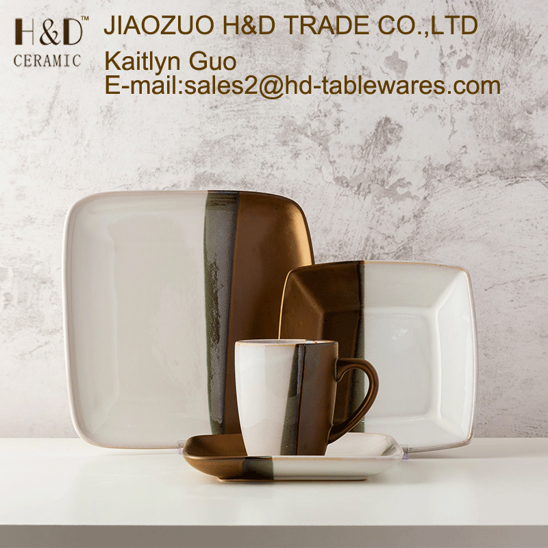 16pcs square reactive with golden glaze dinner set
