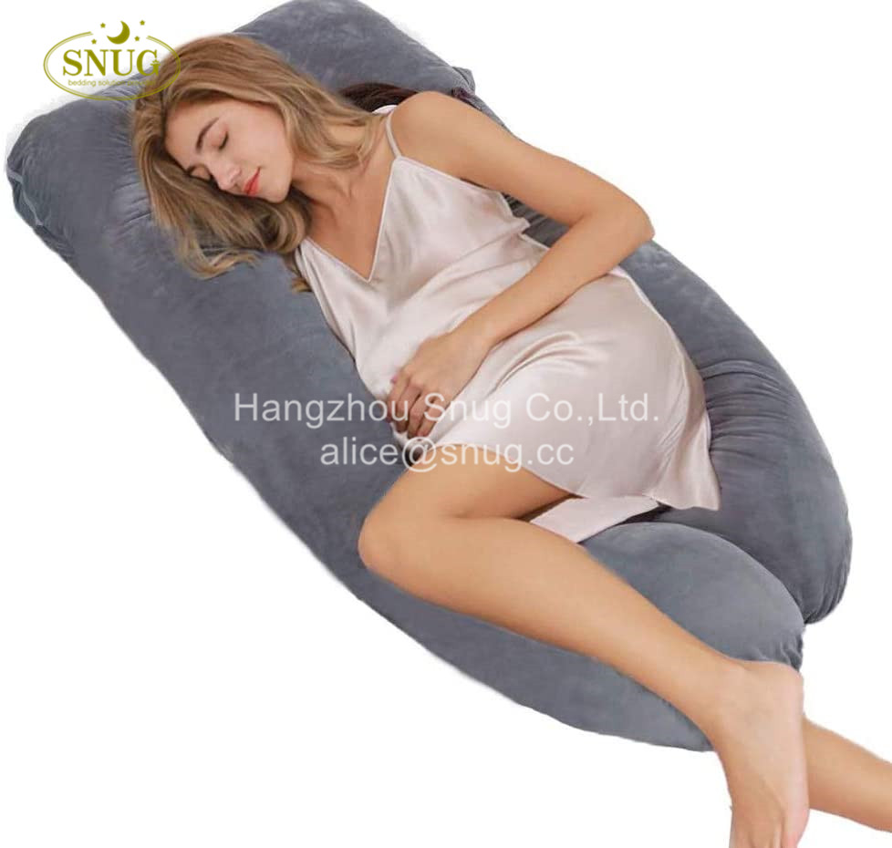 Shaped Pregnancy Body Pillow with Zipper Removable Cover (Gray- Velvet) U shaped