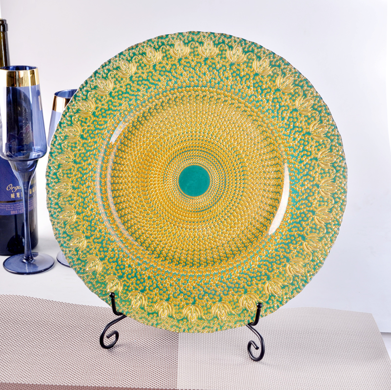 Green and gold glass charger plate, simple style cake plate, table supplies