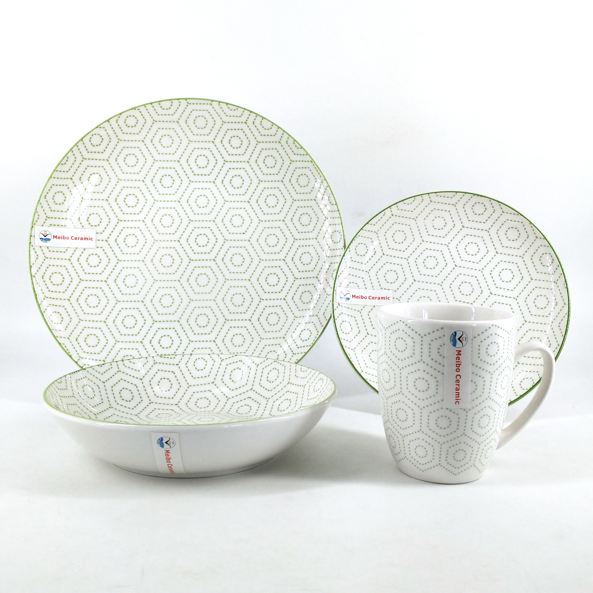 Green color 16pc porcelain dinner set inside pad printing