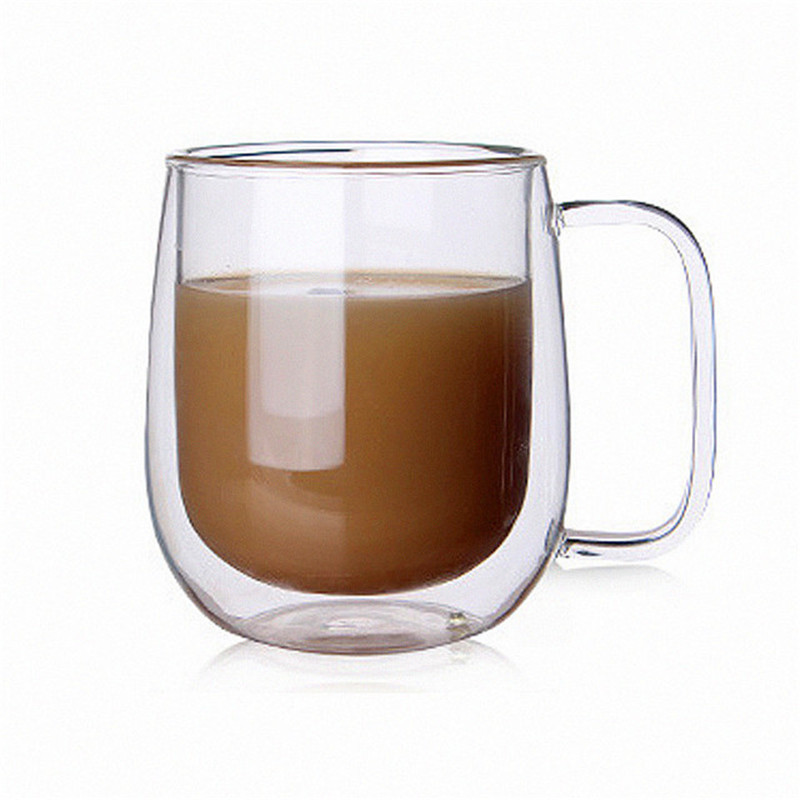 Double wall glass coffee mug with handle