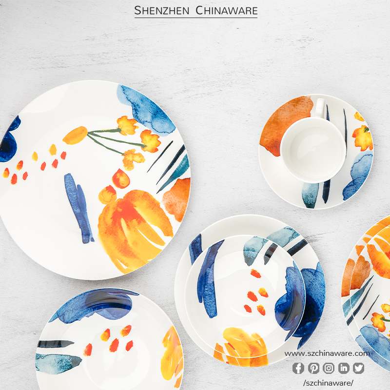 Porcelain New Bone China Tableware Summer P235 Tableware SZChinware Dinner Set Porcelain Dinner Flat Plat Custom print ceramic plate