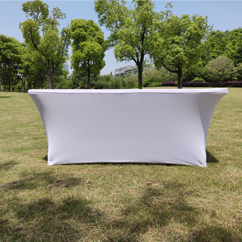Cheap rectangle white custom 6ft stretch outdoor spandex table cloth banquet wedding tablecloths factory