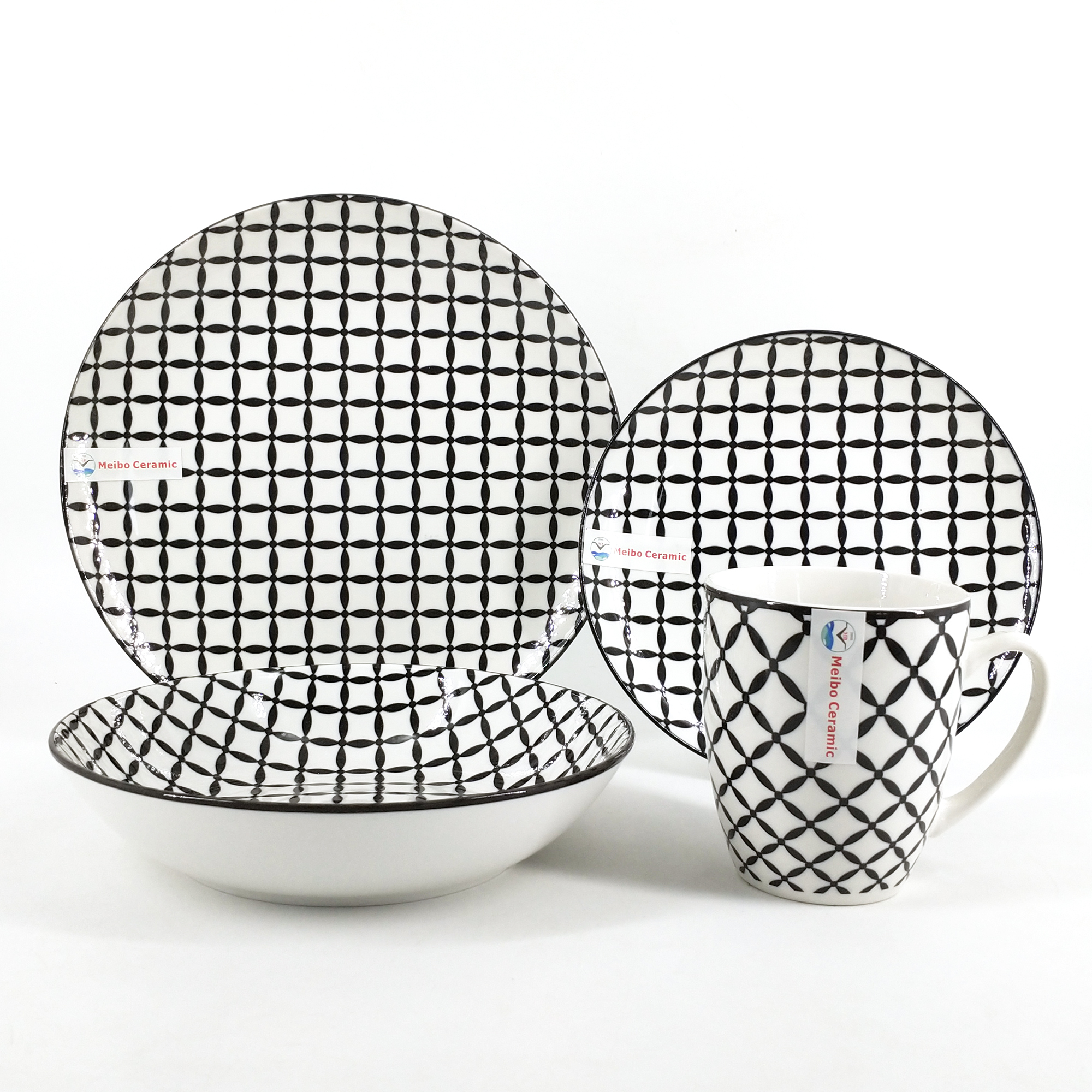 hot selling check design pad printing porcelain dinner set with color rim