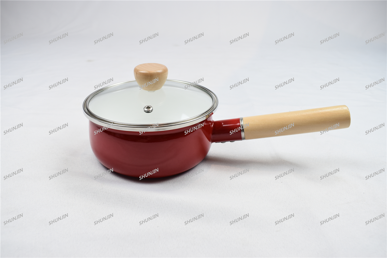 enamel sauce pot with glass lid & wooden handle