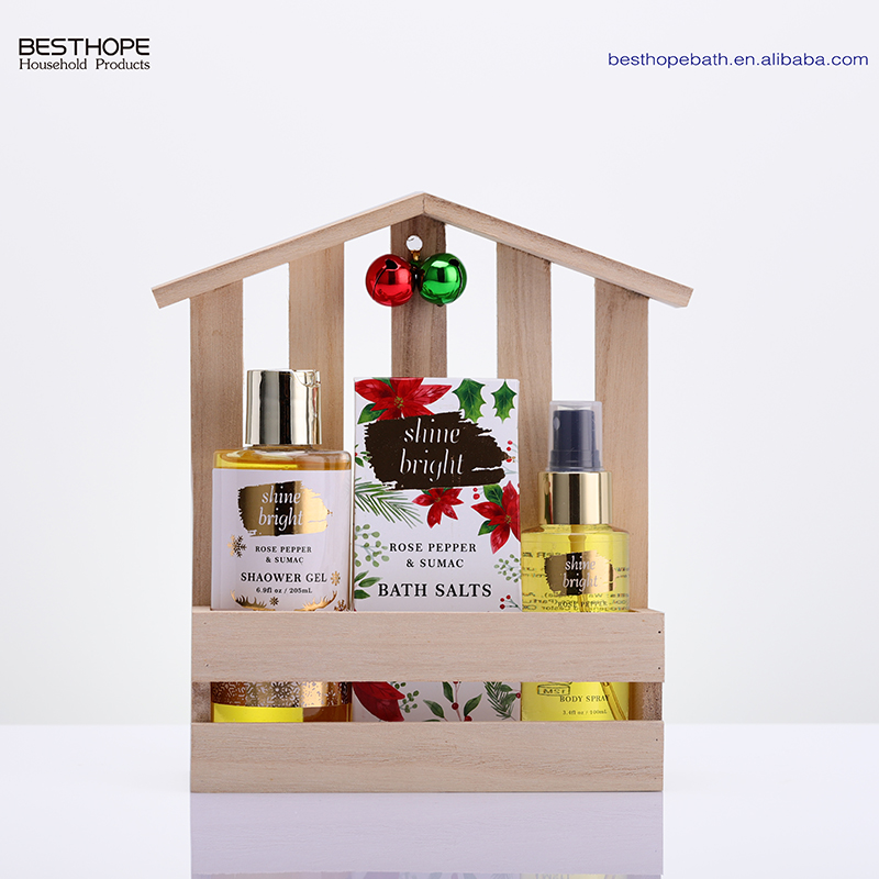 custom christmas shower gel body mist spa salt wooden box gift set