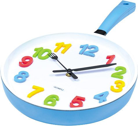 Wall clock; quartz clock; best sale; Kitchen clock; frying Pan; gift; creative clock; colourful sticker numbers; 10inch；25cm