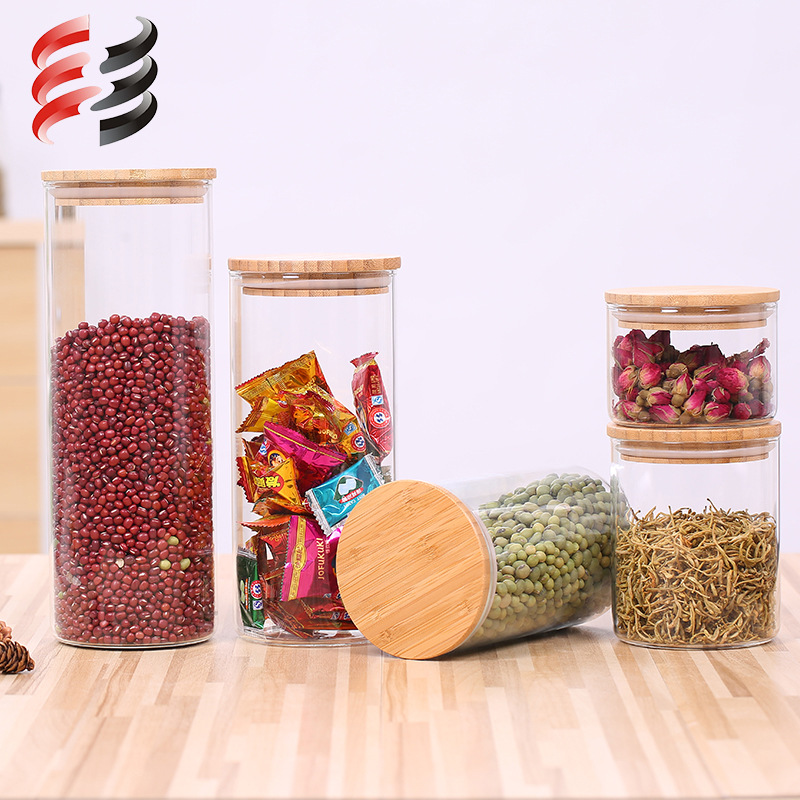 High borosilicate glass jar with bamboo lid glass kitchen canisters glass storage jar