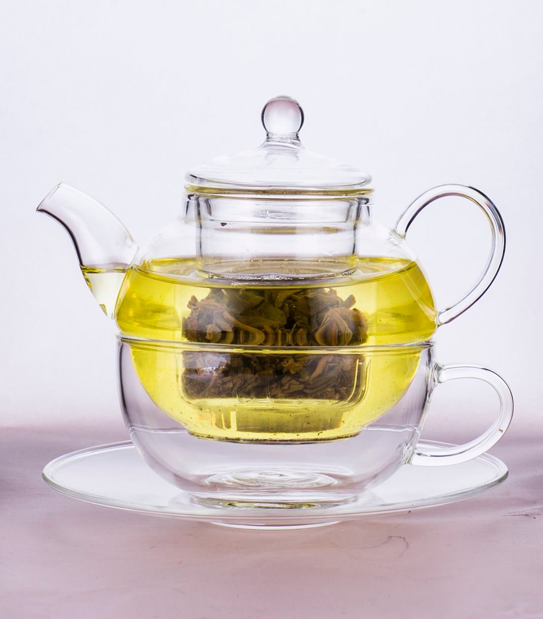 Hot Selling Moth Blown Glass Tea set 300ml with saucer and cup and pot Reach Standard Size Can Customize