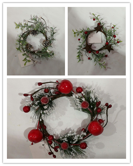 Christmas red berries & pine needle/pinecone & greel leaves/metal star,green leaves & red berries candle ring