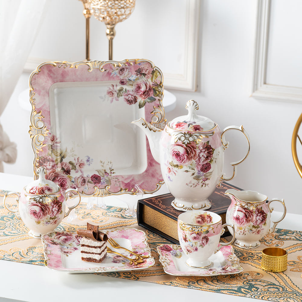 Embossed modern new bone china fancy cup flower 24pcs coffee tea set porcelain