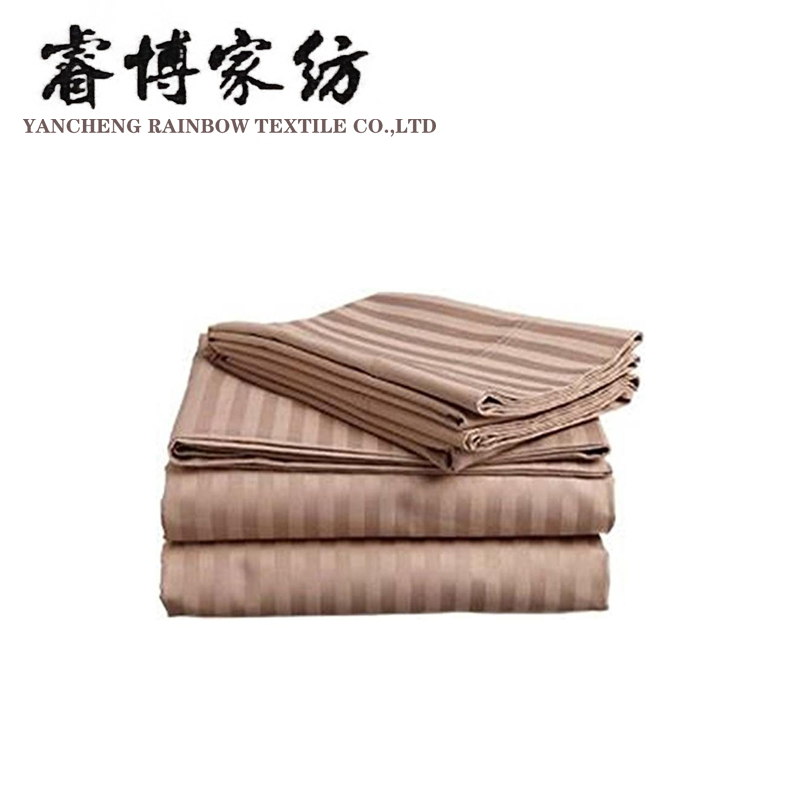 Luxury satin polyester solid stripe bed sheet set adult with pipping