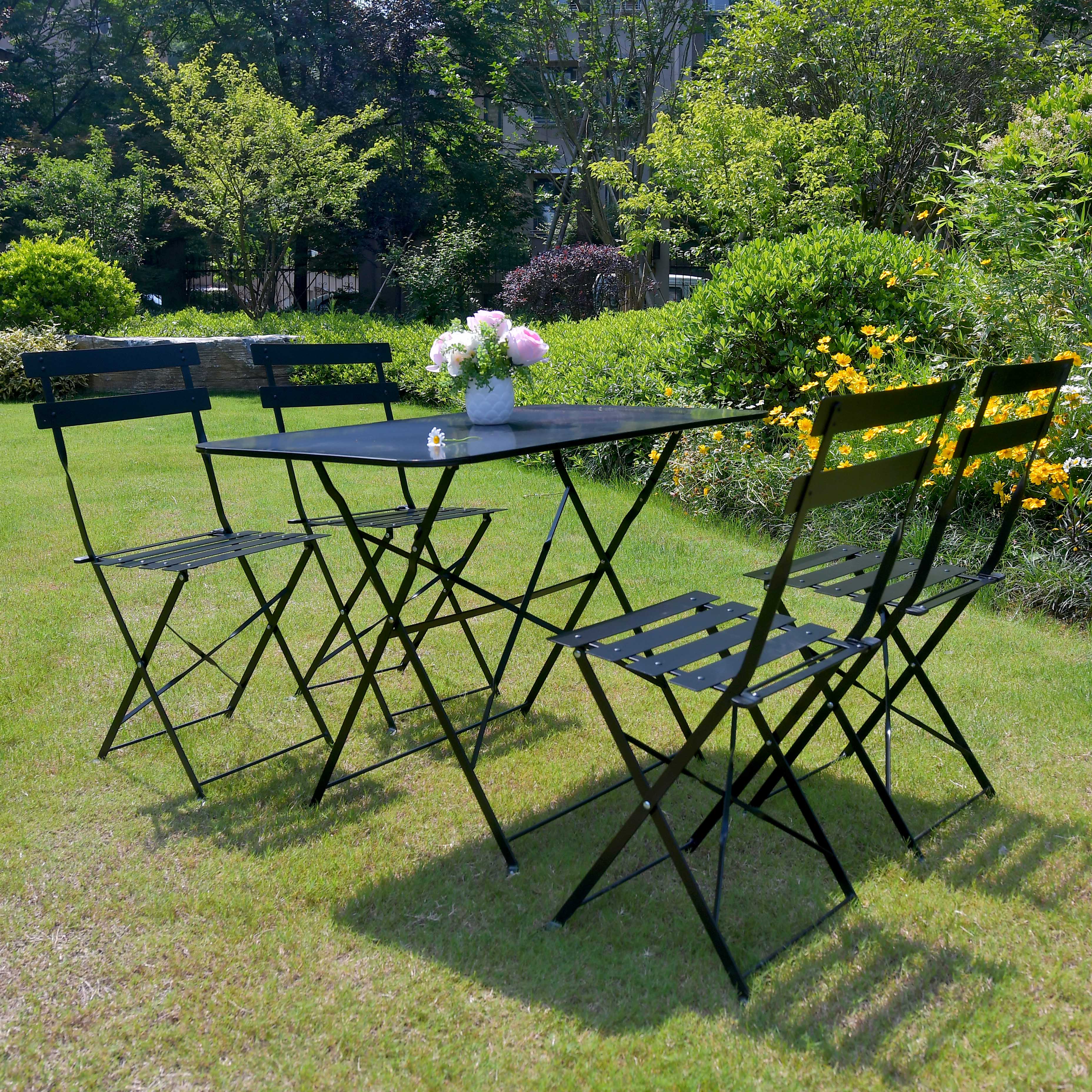 Steel Patio Bistro Set, Folding Outdoor Patio Furniture Sets, 5 Piece Patio Set of Foldable Patio Table and Chairs