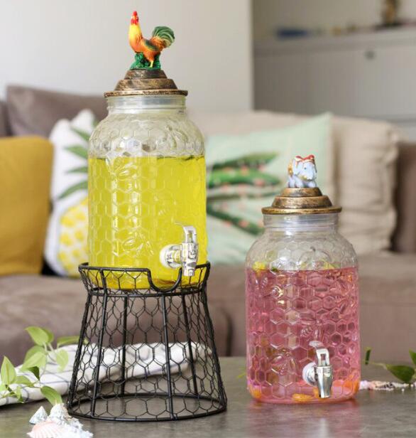 4L Creative Glass Beverage Drink Dispenser With Tap On Metal Stand and cartoon on the lid