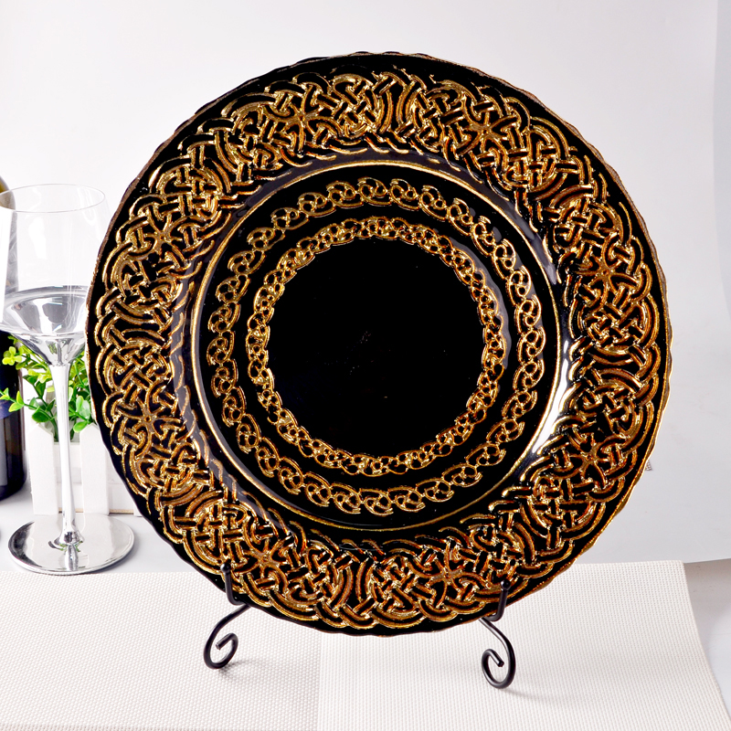 Vintage classic black and gold glass charger plate for home kitchen dishes