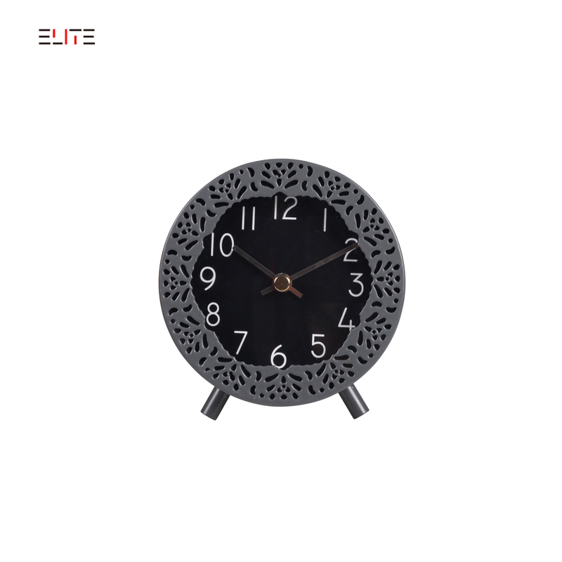 6-inch metal table clock with decorative pattern on the case