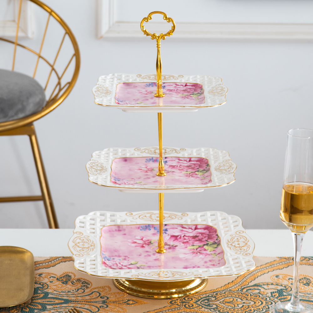Restaurant used 3 layers desert plates custom pattern ceramic cake stand