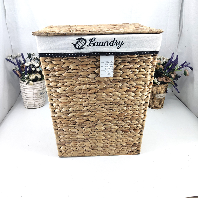 Cheap rectangular water hyacinth leather handle basket