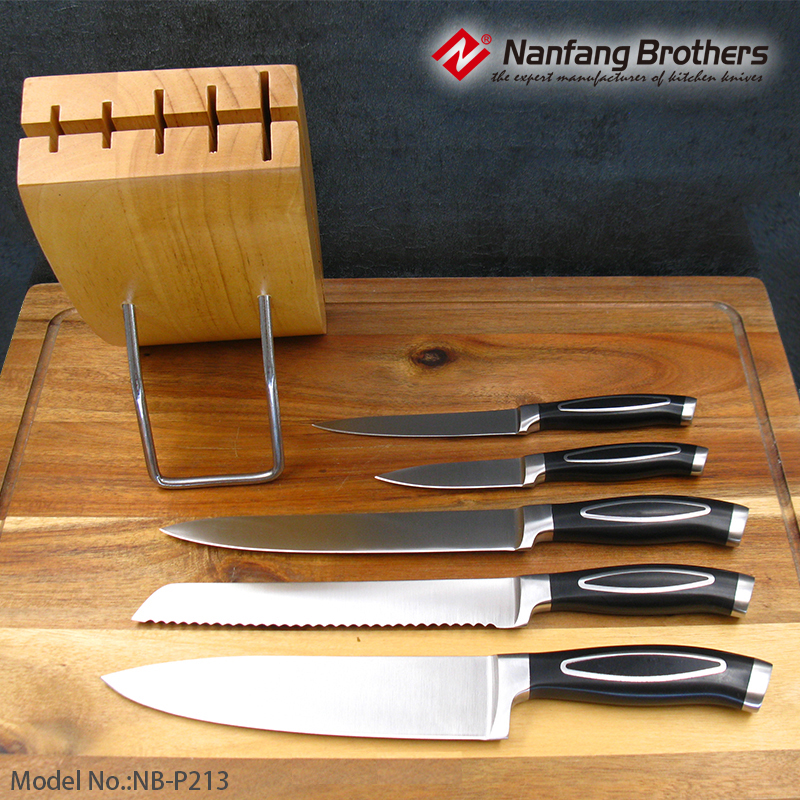 5-piece kitchen knives set with Rubber wood block & ABS forged handle.