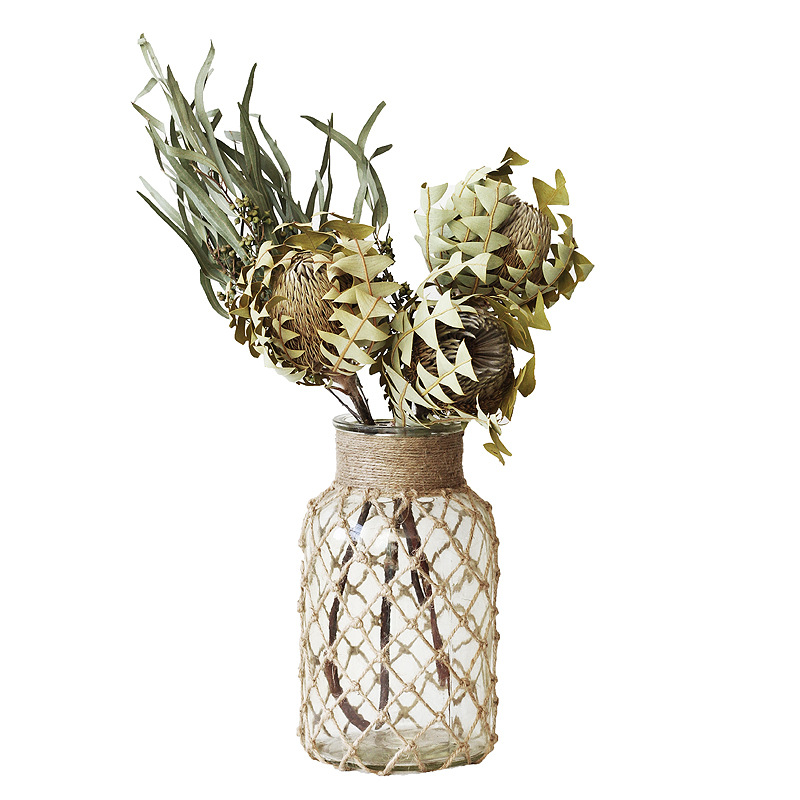 Hand-gridded glass vase with dried flowers, flower arrangement, hydroponic container rustic vintage American style rustic garden